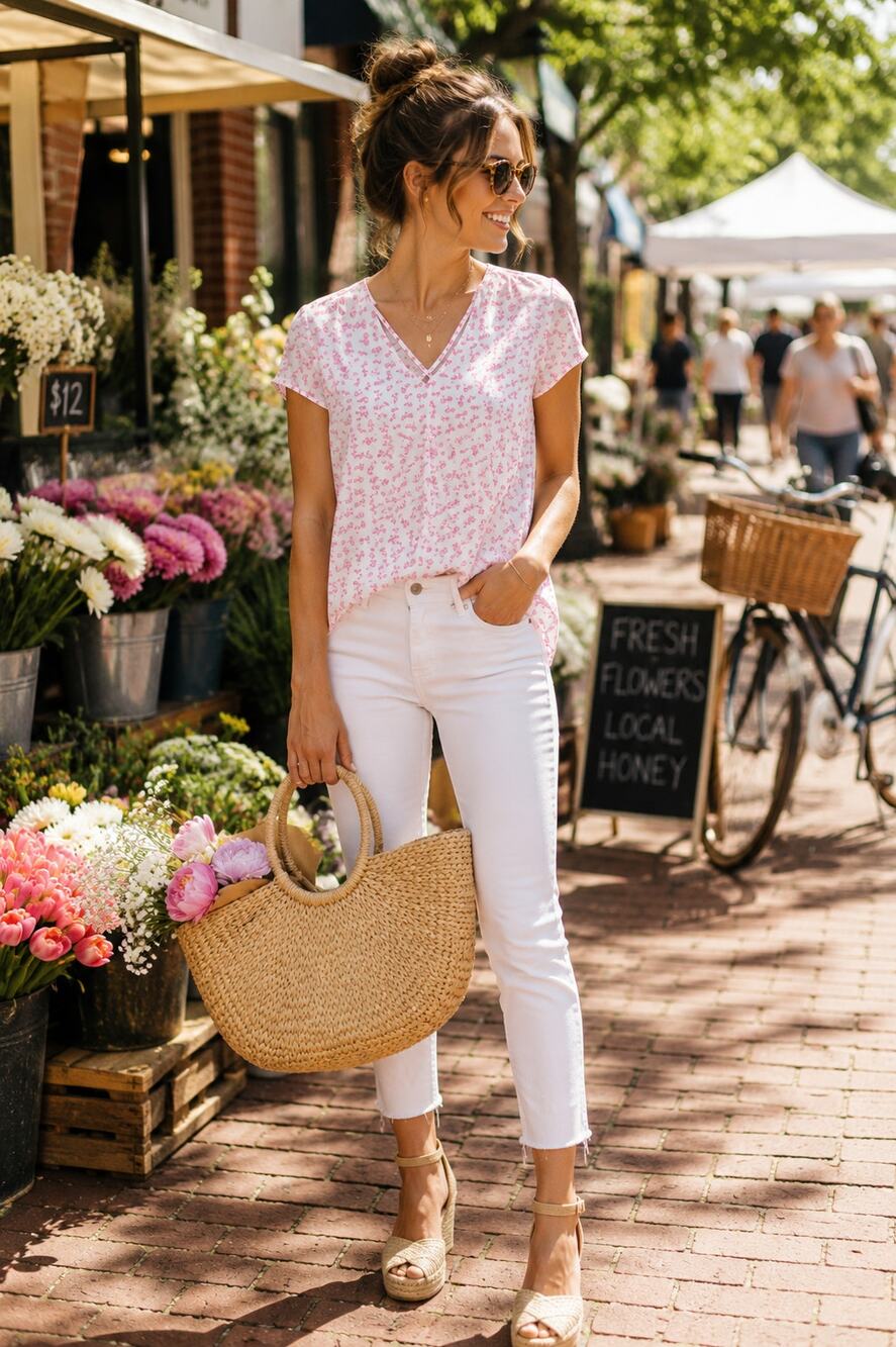 C Wonder Pink Bicycle Print V-Neck Blouse | Women's Small | Cute Casual Top